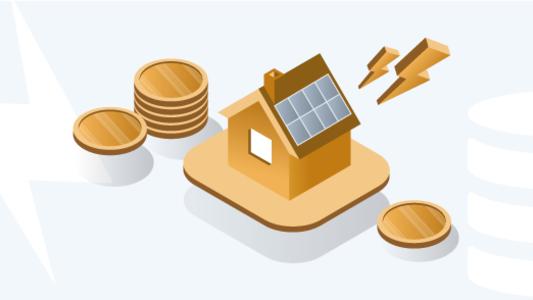 Haus mit PV-Anlage, Blitz und Münzen, repräsentierend Einspeisevergütung