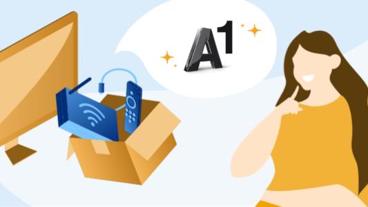 Frau mit langen Haaren blickt auf Tv und Box mit Router von A1