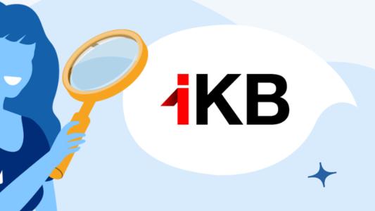 IKB Logo und Frau mit Lupe, die den Kundenservice kontaktieren möchte