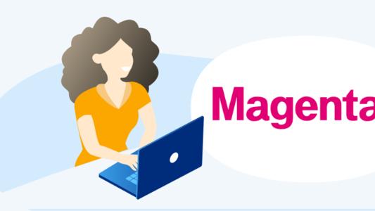 Magenta Logo in Sprechblase neben Frau am PC