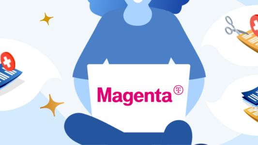 Frau mit Laptop auf dem Schoß mit dem Magenta Logo in der Mitte und Vertrag Kündigen Illustrationen drumherum