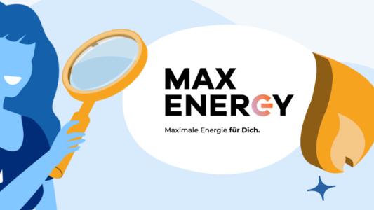 Maxenergy Logo und Frau mit Lupe, da sie den Kundenservice kontaktieren will