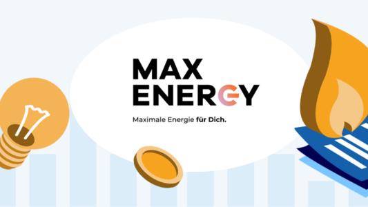 Maxenergy Logo, Glühbirne und Gasflamme, Münzen und Vertrag