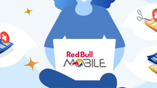 Frau mit Laptop auf dem Schoß und Red Bull mobile Logo in der Mitte