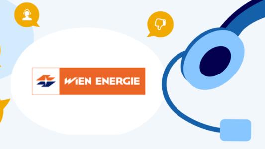 Wien Energie Logo umgeben von Kopfhörern und weiteren Kontaktmöglichkeiten