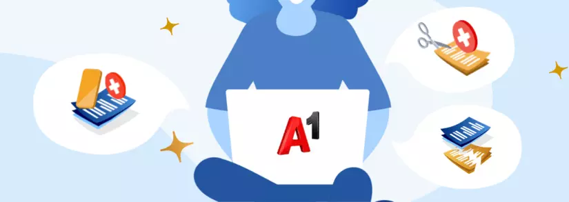 Frau mit Laptop und A1 Vertrag kündigen Illustration