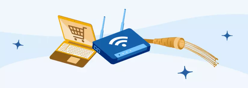 Laptop, Router und Kabel nebeneinander