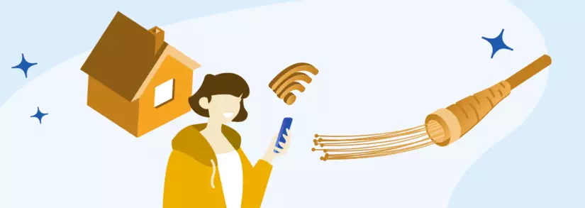Frau mit Handy neben Glasfaser Anschluss