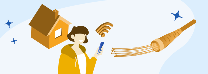 Frau mit Handy neben Glasfaser Anschluss