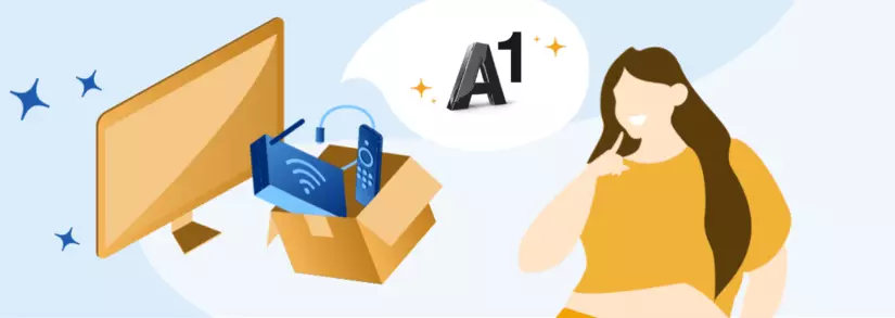 Frau mit langen Haaren blickt auf Tv und Box mit Router von A1