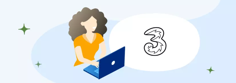 Frau mit gelben T-Shirt ist am Laptop mit dem Titel Drei Kundenservice daneben