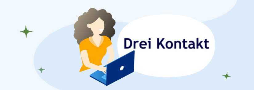 Frau mit gelben T-Shirt ist am Laptop mit dem Titel Drei Kundenservice daneben