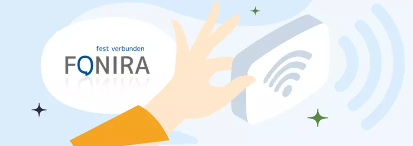 Fonira Logo in Sprachblase neben Hand