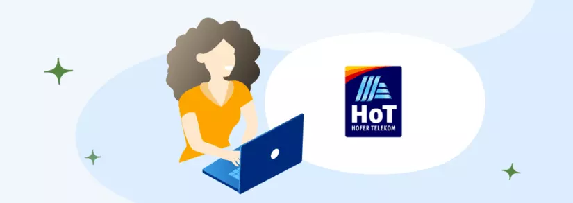 HoT Logo neben Frau im gelbem T-Shirt am Laptop