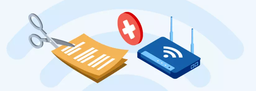 Blauer router neben zerschnittenem Internet Vertrag