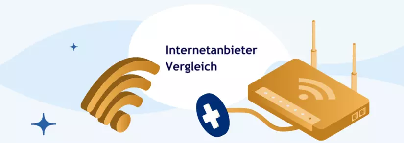 Gelber Router und WLAN Zeichen mit dem Titel Internetanbieter vergleichen