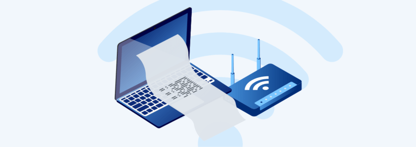 Blauer Laptop mit Vertrag, der herauskommt, und blauem Internetrouter daneben