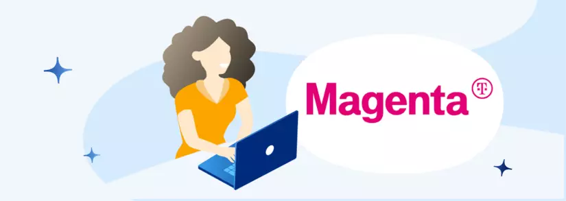 Magenta Logo in Sprechblase neben Frau am PC