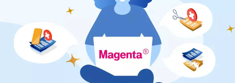 Frau mit Laptop auf dem Schoß mit dem Magenta Logo in der Mitte und Vertrag Kündigen Illustrationen drumherum