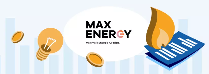 Maxenergy Logo, Glühbirne und Gasflamme, Münzen und Vertrag