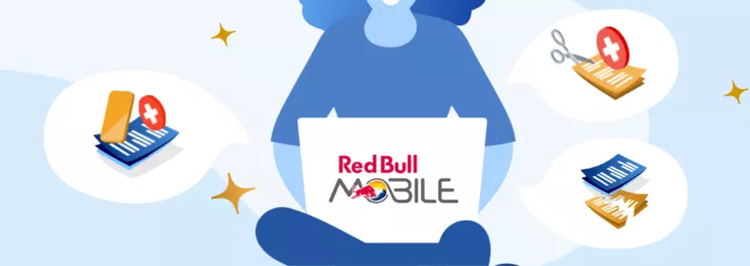 Frau mit Laptop auf dem Schoß und Red Bull mobile Logo in der Mitte