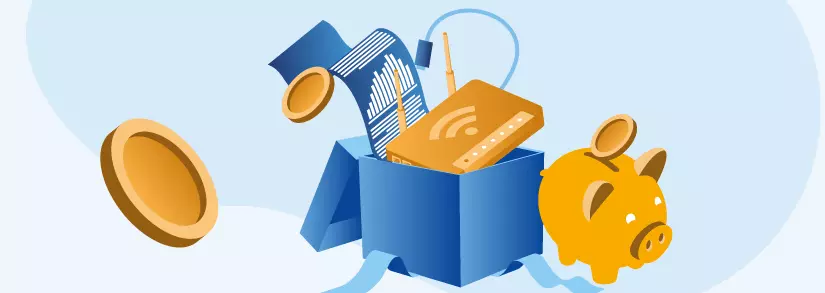 Umzugsbox mit Router und Sparschwein