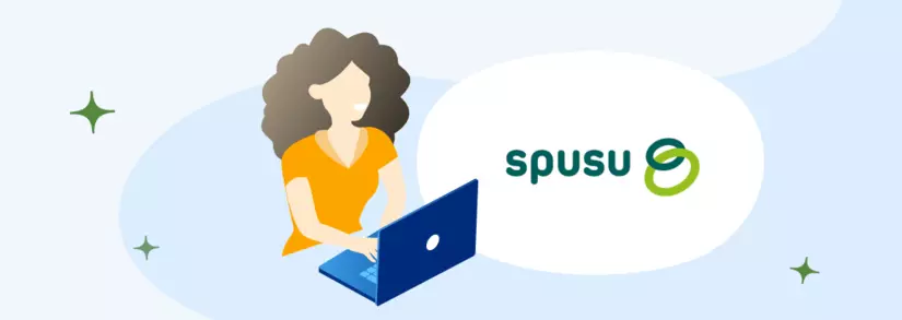 Spusu Logo neben Frau im gelben T-Shirt am Laptop
