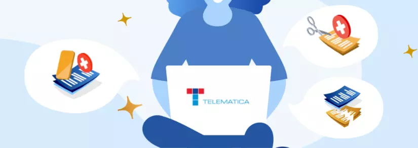 Frau mit Laptop auf dem Schoß und Telematica Logo in der Mitte