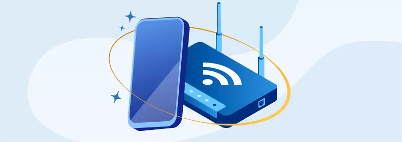 Blauer Router neben blauem Smartphone