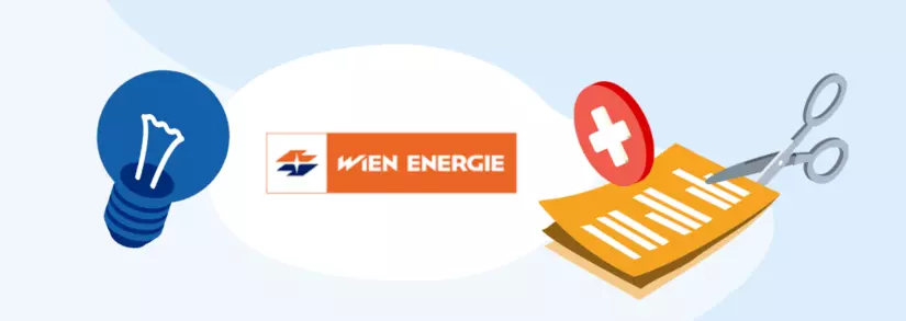 Wien Energie Logo, Gl`hbirne und Vertrag, der beendet wird