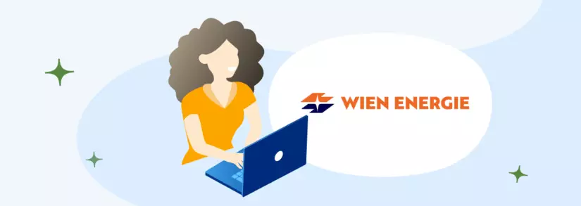 Frau mit gelbem T-Shirt sitzt am Laptop und Wien Energie Logo daneben